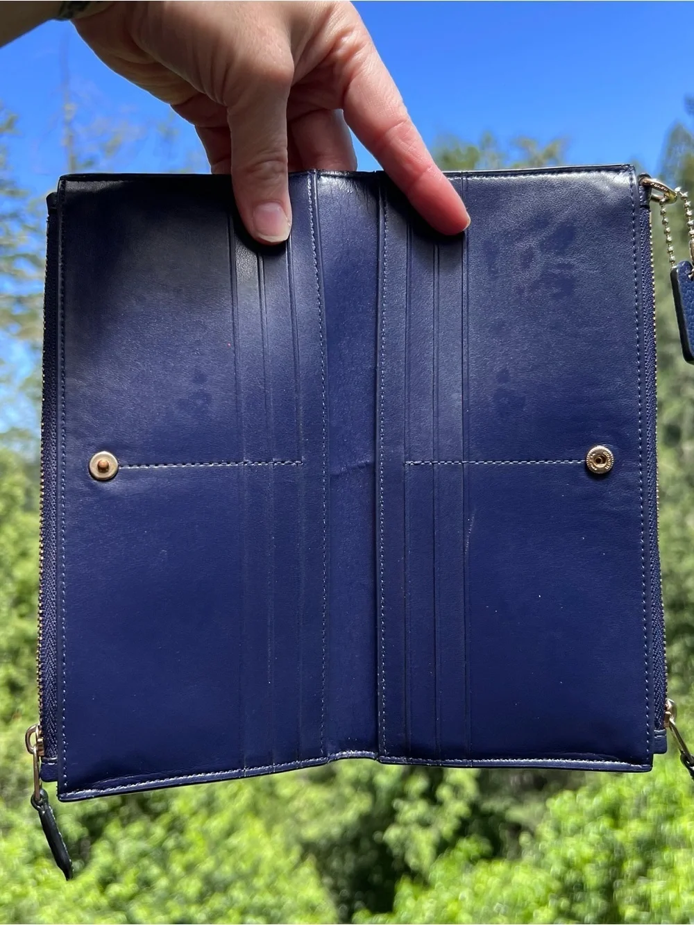 Coach Double Zip Phone Wallet Blue Pebble Leather w Gold Hardware AUTHENTIC